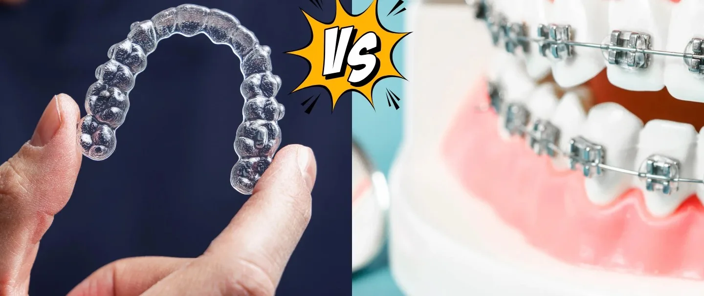 Clear aligner tray compared with teeth wearing traditional metal braces